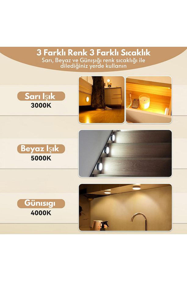 Şarj Edilebilir Kumandalı 3 lü Spot Led Işık Lamba Hareket Sensörlü 3 Renkli Yanabilme - 7