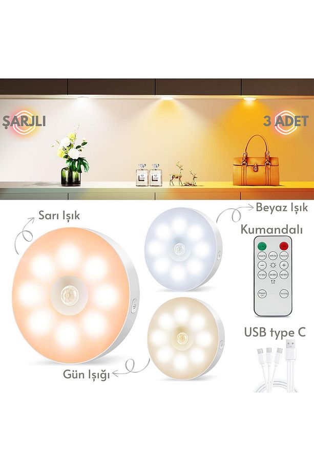 Şarj Edilebilir Kumandalı 3 lü Spot Led Işık Lamba Hareket Sensörlü 3 Renkli Yanabilme - 1