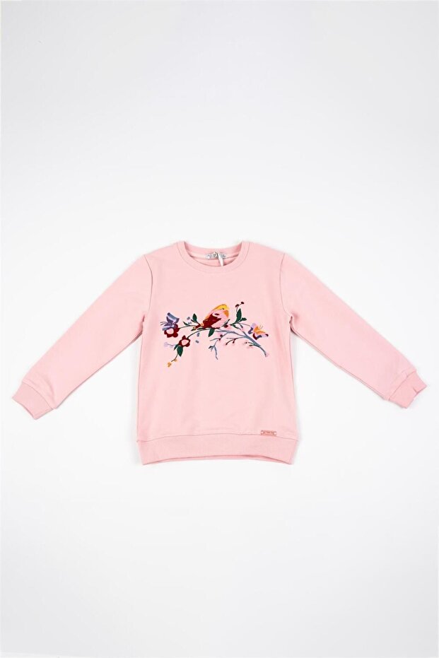 Simala Girls' Pink Long Sleeve Winter Sweatshirt with Bird Embroidery Detail