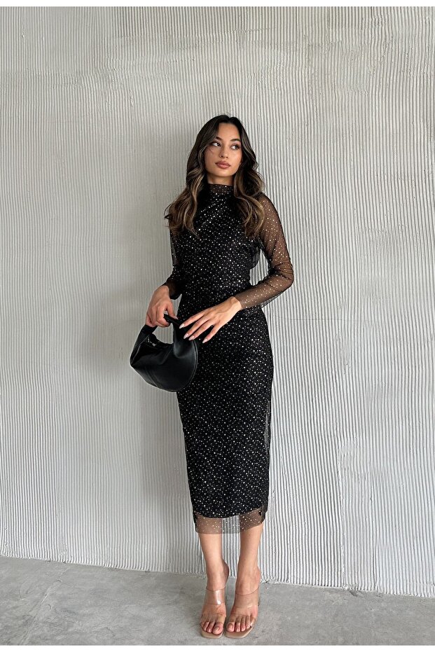 Women's Black Mandarin Collar Silver Polka Dot Detail Sheer Tulle Sleeved Lined Draped Midi Evening Dress