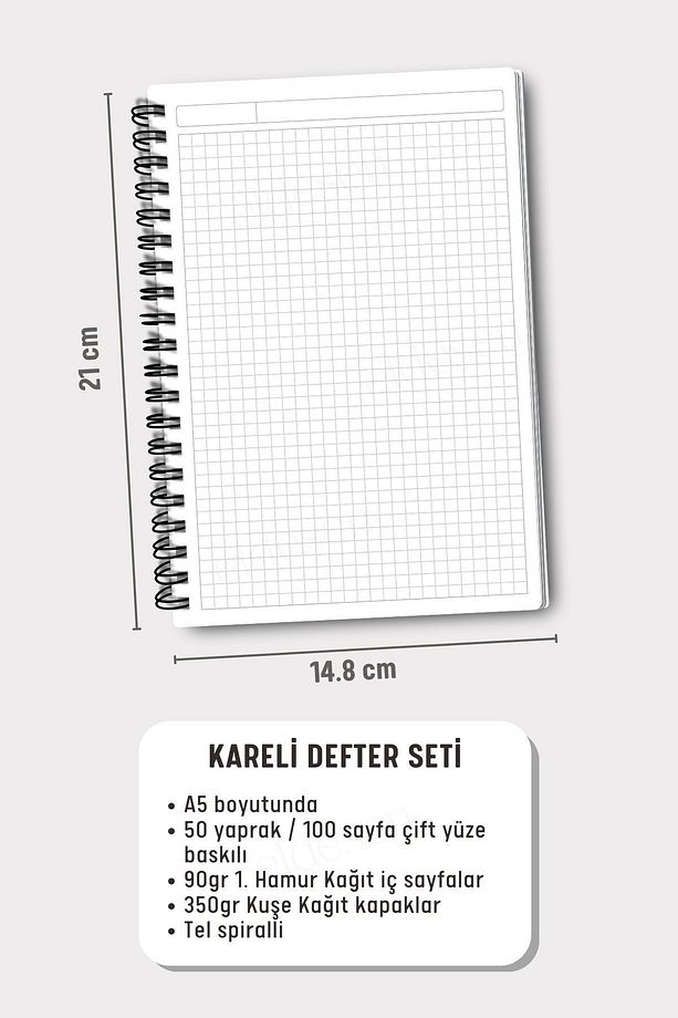 Spiralli Kareli Okul Defter Seti, A5 Boyutunda 50 Yaprak 100 Sayfa 4'lü Set, Kareli Defter Seti - 2