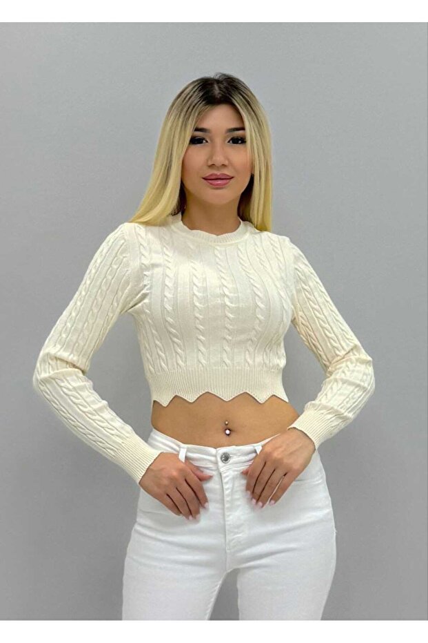 Burma Knitted Bottom Side Zik Zak Cut Detailed Round Collar Thin Knitwear Blouse