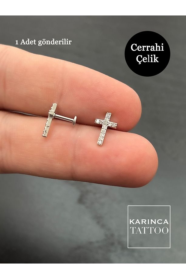 Haç Taşlı Piercing Kıkırdak Kulak Forward Helix Flat Conch Tragus Piercing Cerrahi Çelik - 3