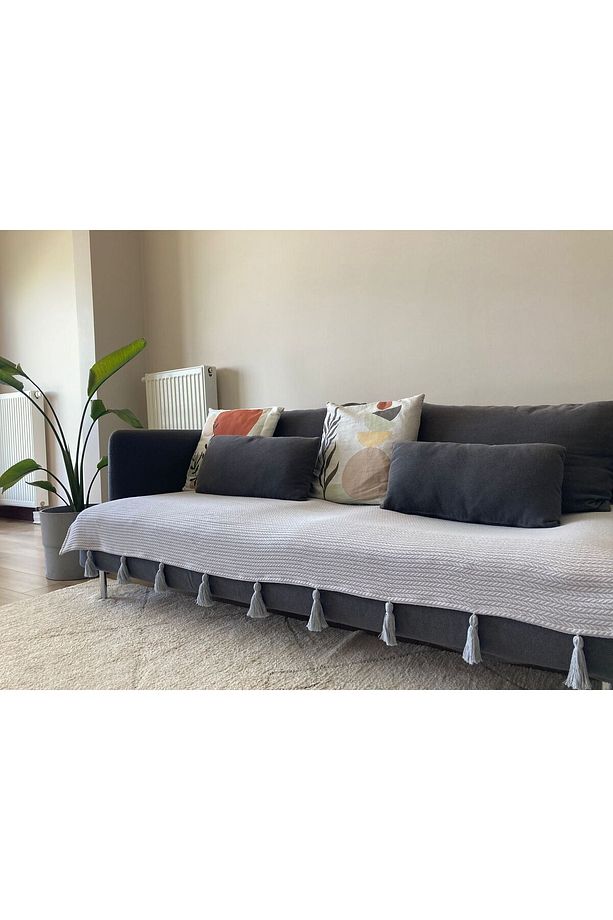 Püsküllü Örgü Desen Koltuk Örtüsü Gri (Üçlü Koltuk İçin) 90x210 cm - 3