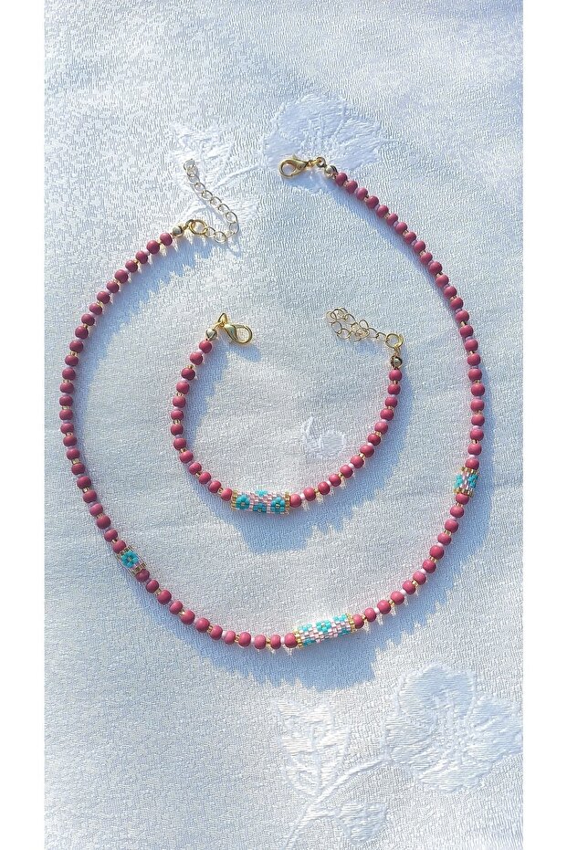 Pink Turquoise Stone and Miyuki Braided Bracelet - Necklace Set