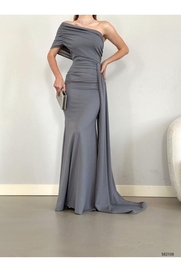 Women's Gray Madonna Collar Single Short Sleeve Tail Detailed Maxi Length Drape Gathered Long Evening Dress