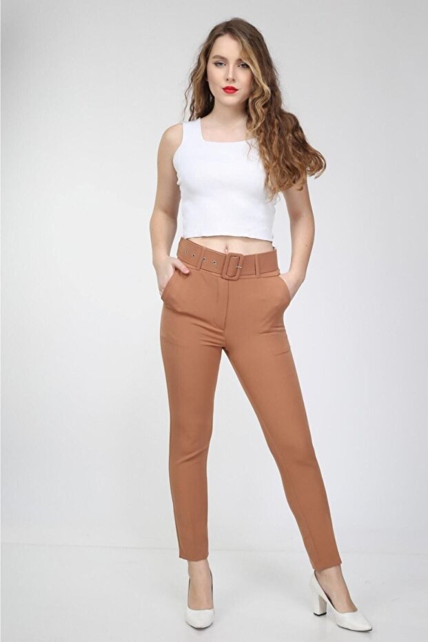 Women's Thick Belted High Waist Fabric Trousers
