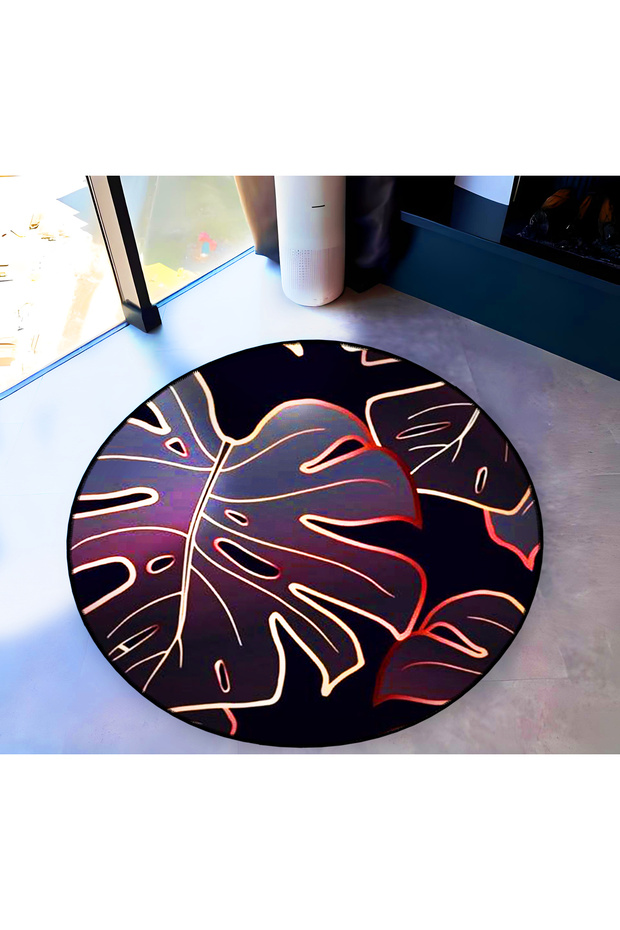Mira Round Black Leaf Detailed Woven Base Decorative Carpet 5730