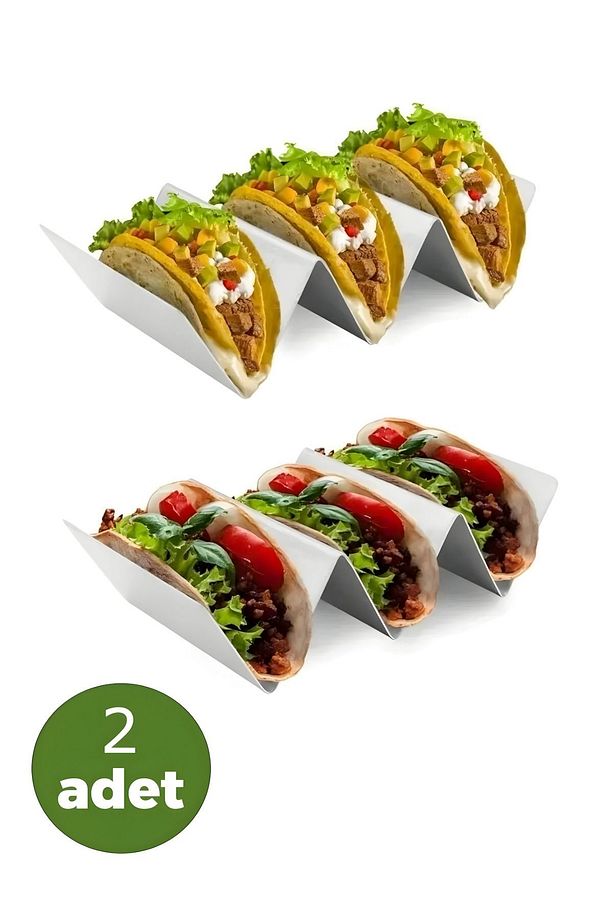 2 Adet 3 Bölmeli Taco Standı, Çelik Hamburger Waffle Ekmek Sandviç Tost Taco Servis Sunum Standı - 1