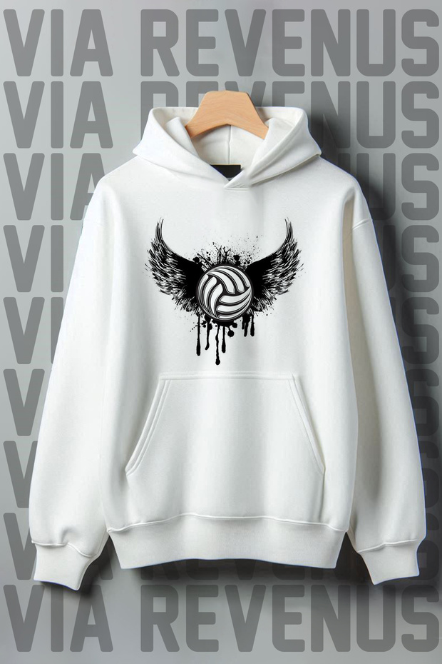 Winged Volleyball Ball Printed Kangaroo Pocket 3 Threaded Threaded Wide Pattern Hooded Sweatshirt