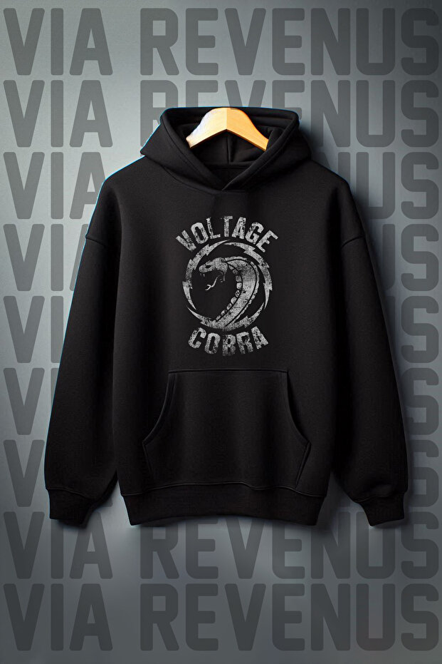 Wide Fit Snake Printed 3 Thread Black Hooded Sweatshirt
