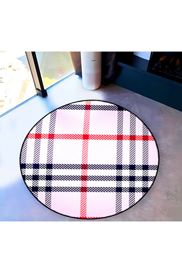Mira Round Black Red Plaid Patterned Woven Base Decorative Carpet 5740