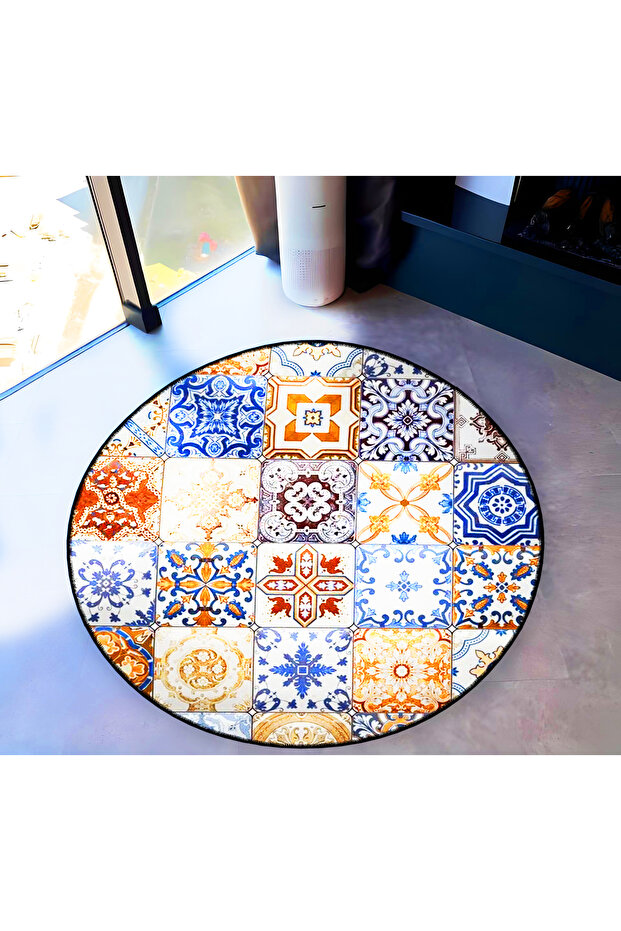 Mira Round Orange Blue Beige Tile Patterned Woven Base Decorative Carpet 5737