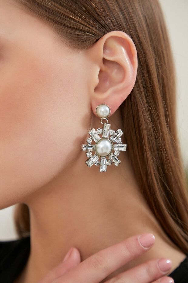 Women's Pamela Pearl Stone Silver Model Crystal Daily Evening Dress Wedding Party Bridal Henna Promise Gift Prom Earrings