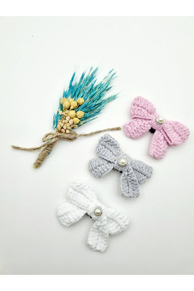 Hand-Knitted Bow (3 Pieces) Baby Buckle Without Bag with Pearl Stones