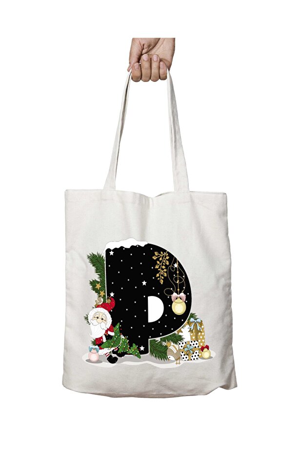 New Year Merry Christmas Letter P Two Sides Permanent Washable School Beach Shoulder Cloth Bag