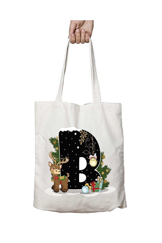 New Year Merry Christmas Letter B Two Sides Permanent Washable School Beach Shoulder Cloth Bag