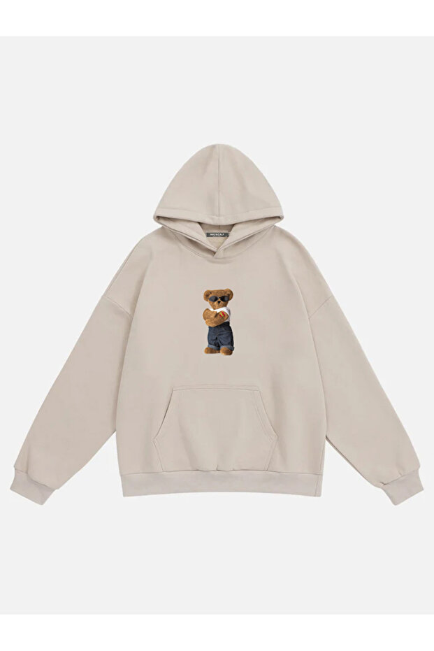 Unisex Teddy Bear Printed Hooded Fleece Oversize Sweatshirt