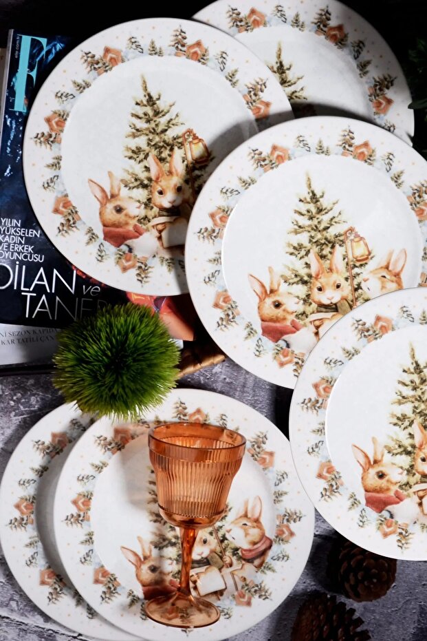 26 Cm New Year Patterned - 6-piece Bunny Christmas Digital Printed Plate
