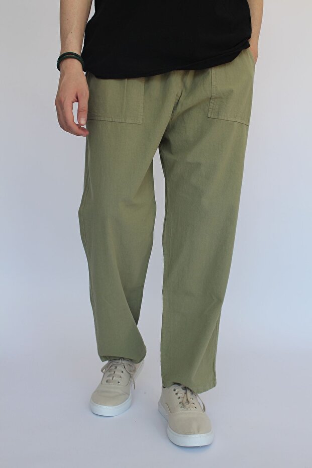 Unisex Yazlık Beli Lastikli Keten Pantolon Rahat Kalıp Pamuklu Serin Tutan Büzme Ipli Keten Pantolon - 4