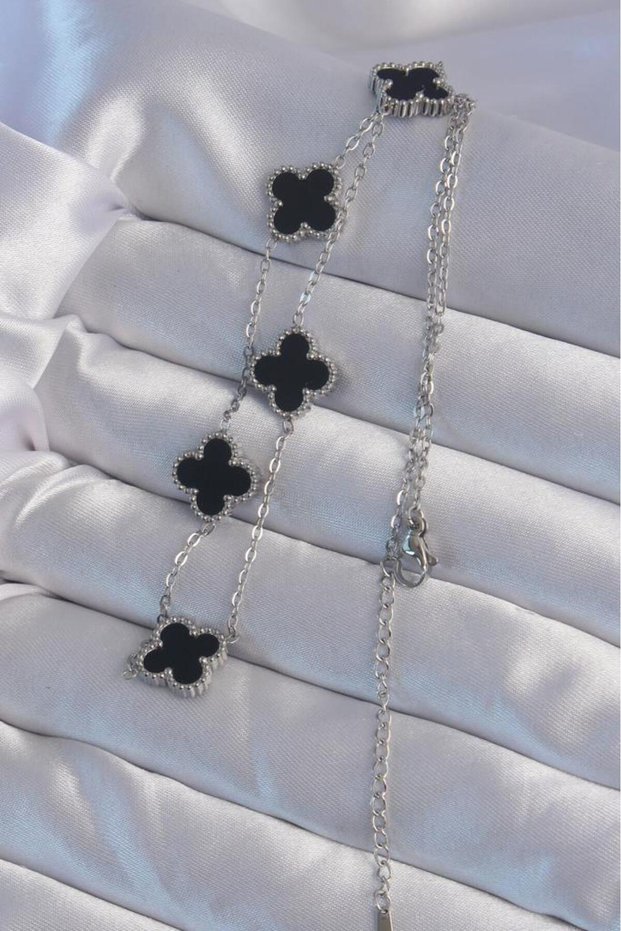 Silver Steel Black Enamel Clover Necklace - for Delicate Neck