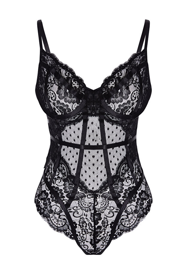 Siyah Dantelli İp Askılı Çıtçıtlı Örme Body THMAW24BD00005 - 5