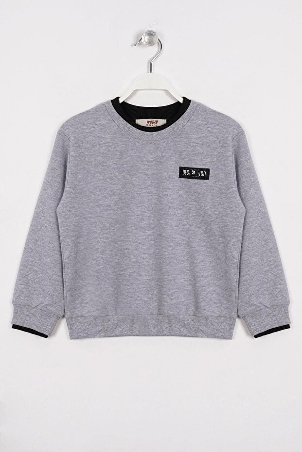 Gray Color Boy's Sweatshirt with Garnished Collar and Sleeves