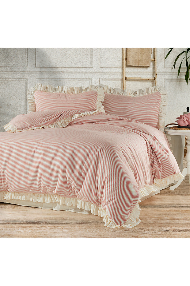 Nature Village Yarn Dyed Natural Cotton Ruffled Single Duvet Cover Set 4 Pieces 160 X 220 cm