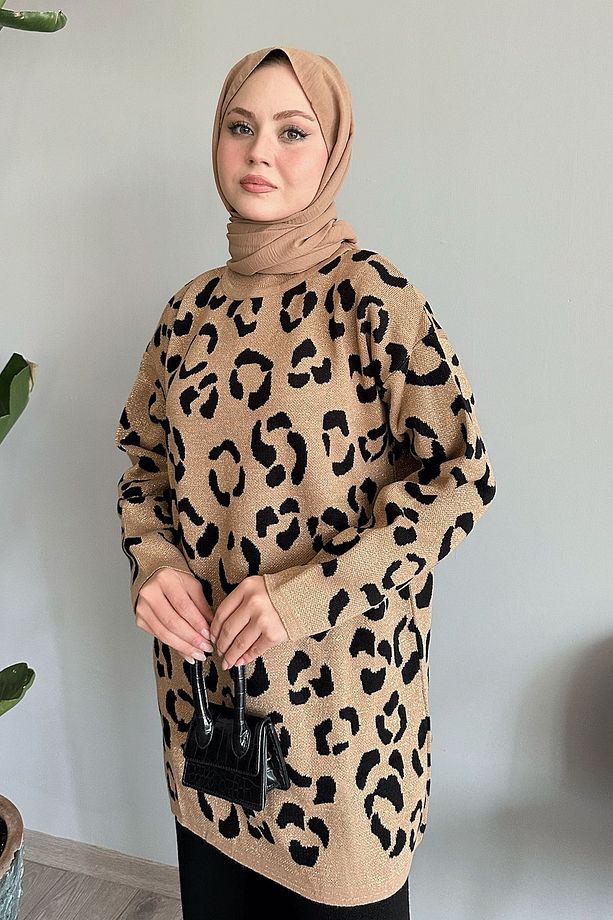 Simli Desenli Camel Triko Kazak - 5