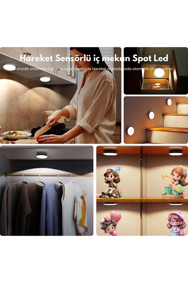 Şarj Edilebilir Kumandalı 3 lü Spot Led Işık Lamba Hareket Sensörlü 3 Renkli Yanabilme - 4