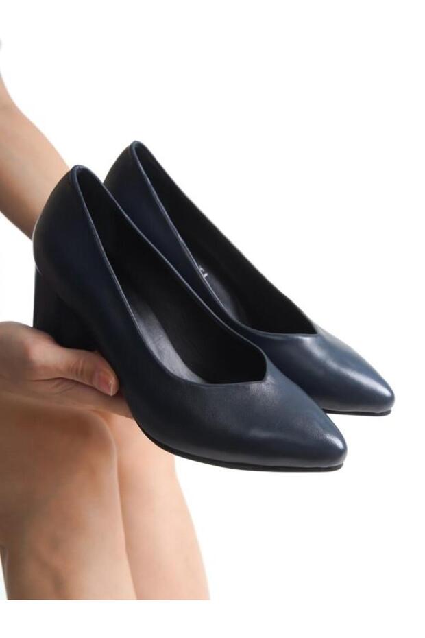 Plus-plus037-1930 Orthopedic Genuine Leather Women's Navy Blue Heeled Shoes