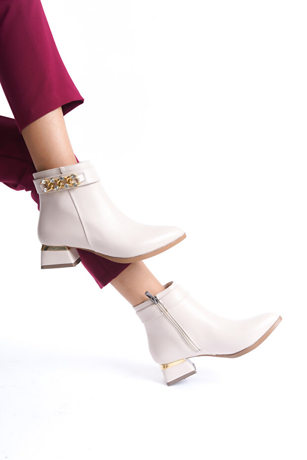 Daily Women's Boots with Stone Pearl Heels Beige
