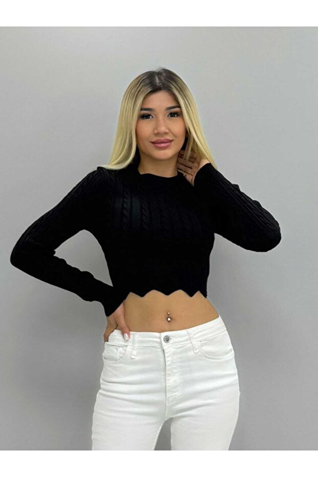 Burma Knitted Bottom Side Zik Zak Cut Detailed Round Collar Thin Knitwear Blouse