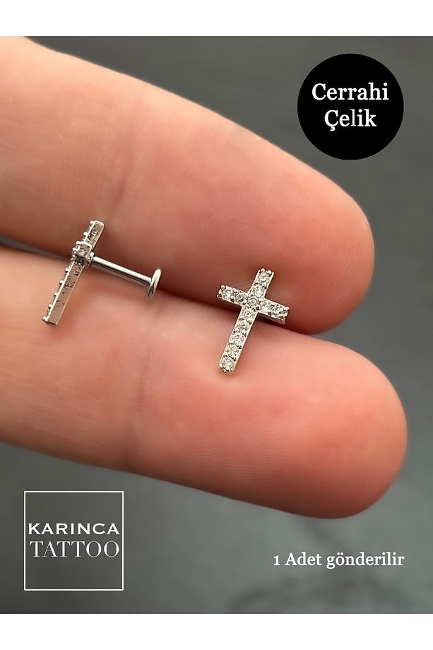 Haç Taşlı Piercing Kıkırdak Kulak Forward Helix Flat Conch Tragus Piercing Cerrahi Çelik - 4
