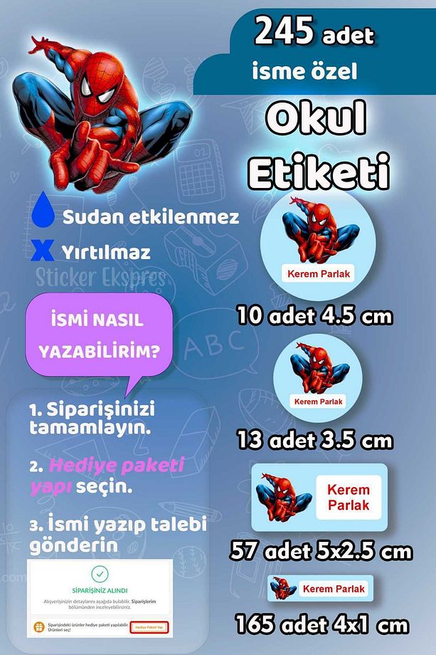 Okul Etiketi Spiderman Örümcek Adam Kalem Defter Etiketi Özel İsim Yazılabilen Etiket 245 Adet - 1