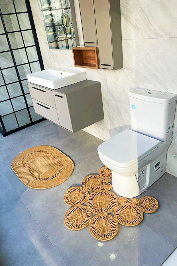 Gng Home Jute Rope Trikot Model Double Toilet Seat and Bath Mat Natural