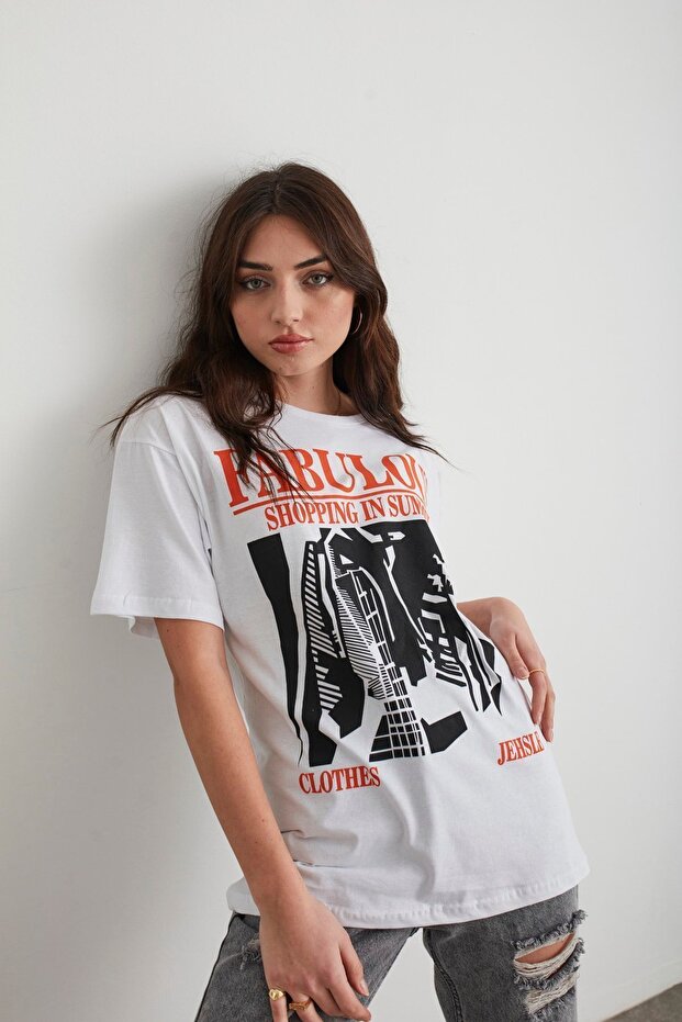 Women's White Fabulous Printed Oversize T-shirt
