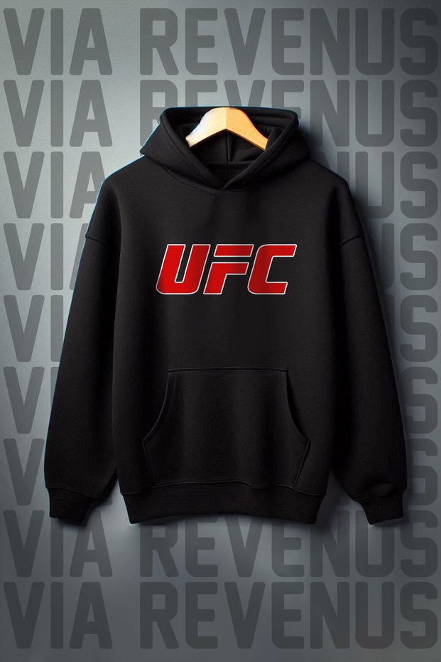 Ufc Printed Kangaroo Pocket 3 Thread Threaded Wide Fit Hooded Sweatshirt