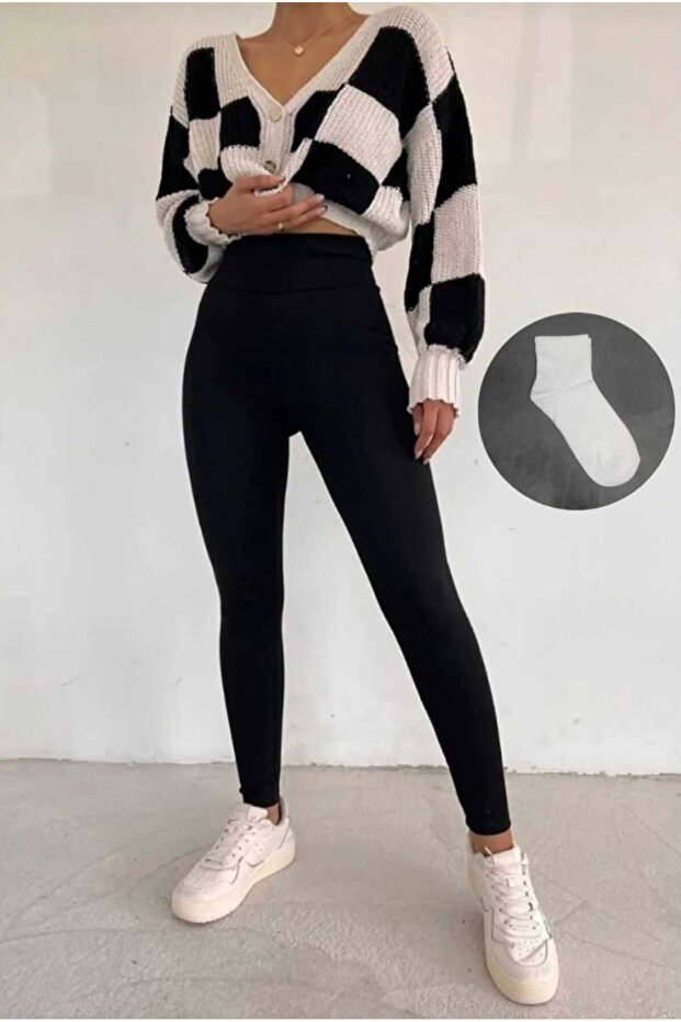 Women's Black High Waist Full Lycra Tights - with Socks as a Gift