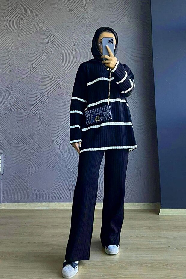 Two Color Seasonal Thick Woven Fabric Knitwear Set Navy Blue