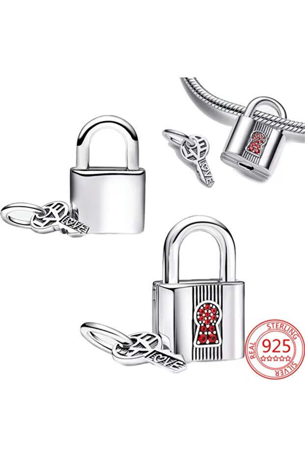Silver Red Charm with Lock and Key Detail