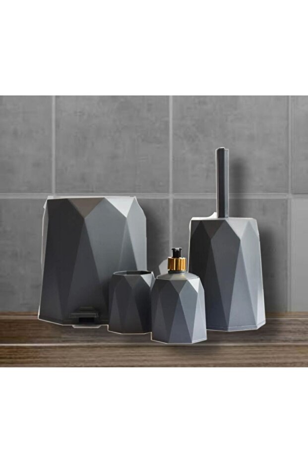 4-Piece Gray Bathroom Set Plastic 5 Lt Trash Can Toilet Brush Sink Set of 4