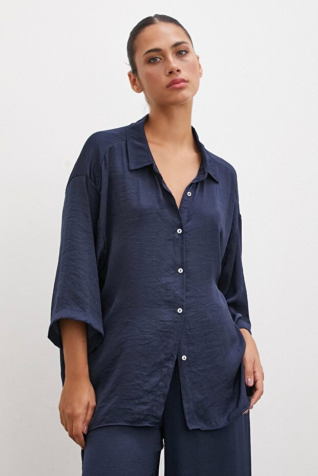 Navy Blue Romantic Draped Shirt