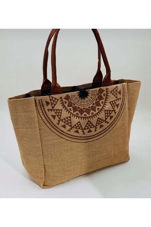 Ethnic Patterned Straw Beach Bag - 1