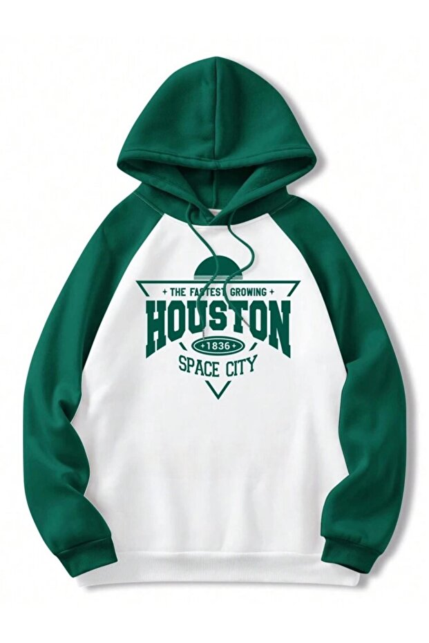 Hooded White-Green Sleeved Houston Space Oversized Sweatshirt