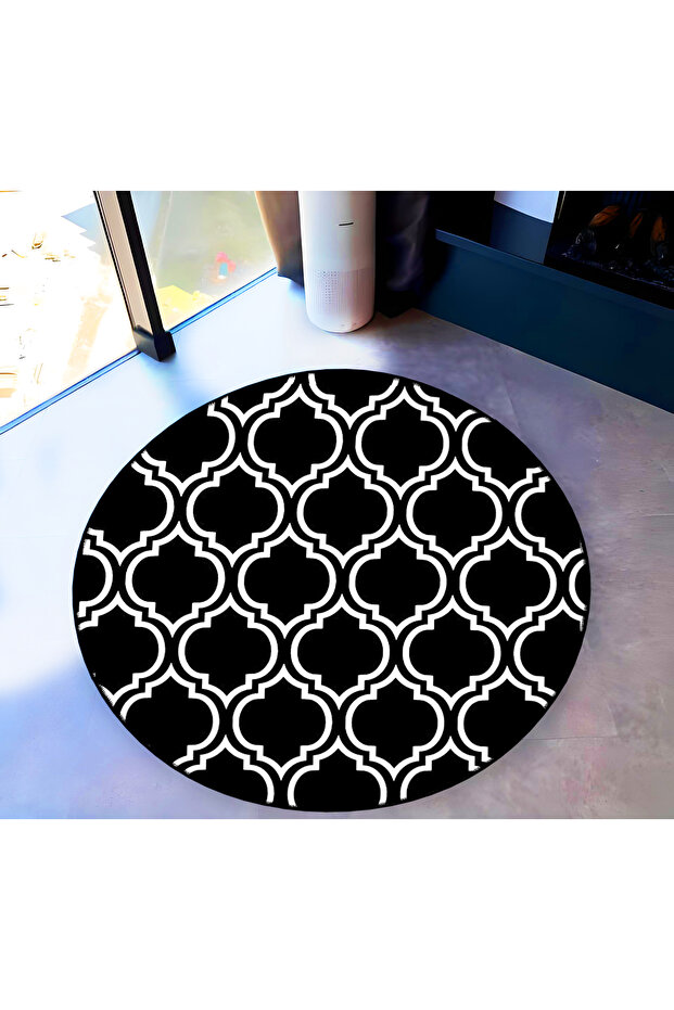 Mira Round Black and White Geometric Patterned Woven Base Decorative Carpet 5739