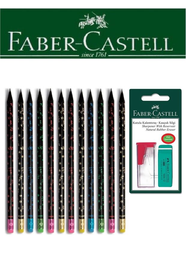 Faber-Castell 12-Piece Party Pencil and Boxed Pencil Sharpener+Eraser Set Blister