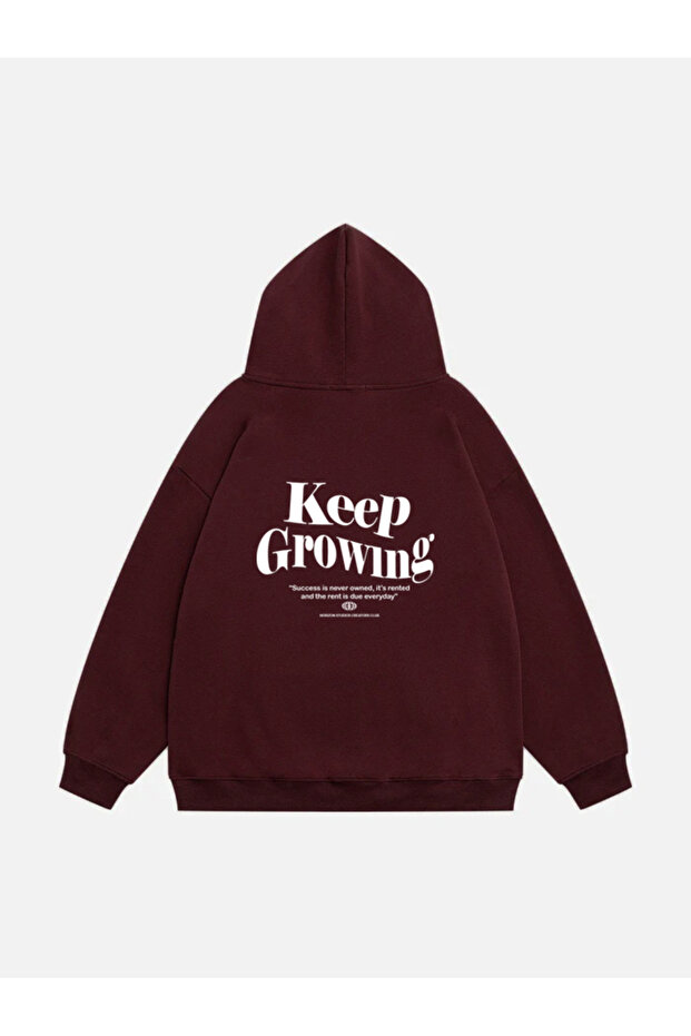 سويت شيرت بقلنسوة مطبوع عليه Keep Growing للجنسين من الصوف الفروي كبير الحجم