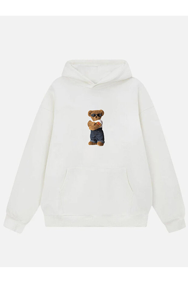 Unisex Teddy Bear Printed Hooded Fleece Oversize Sweatshirt