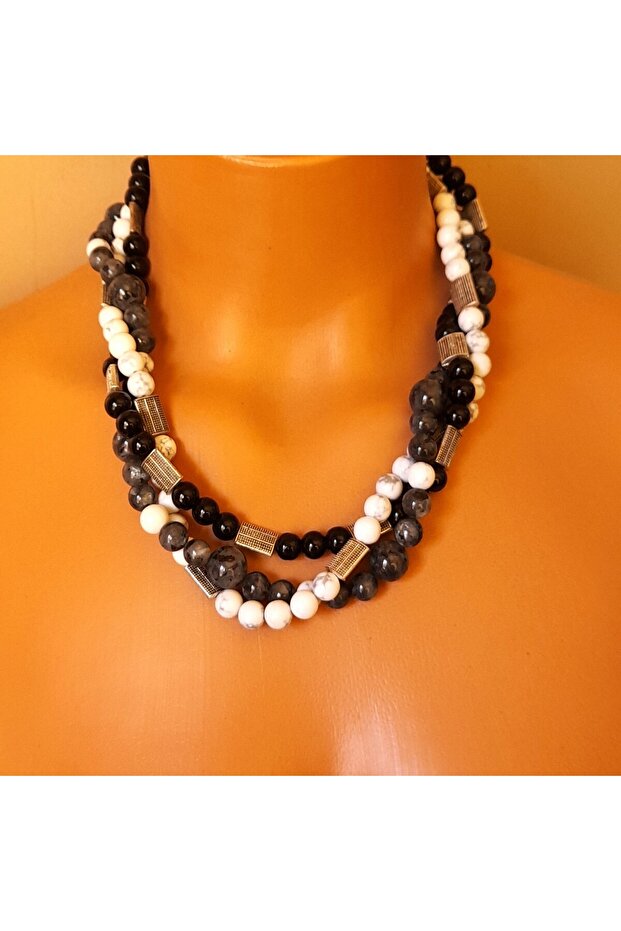 Howlite Onyx Larvikite 3 Row Power Courage and Evil Eye Protection Necklace